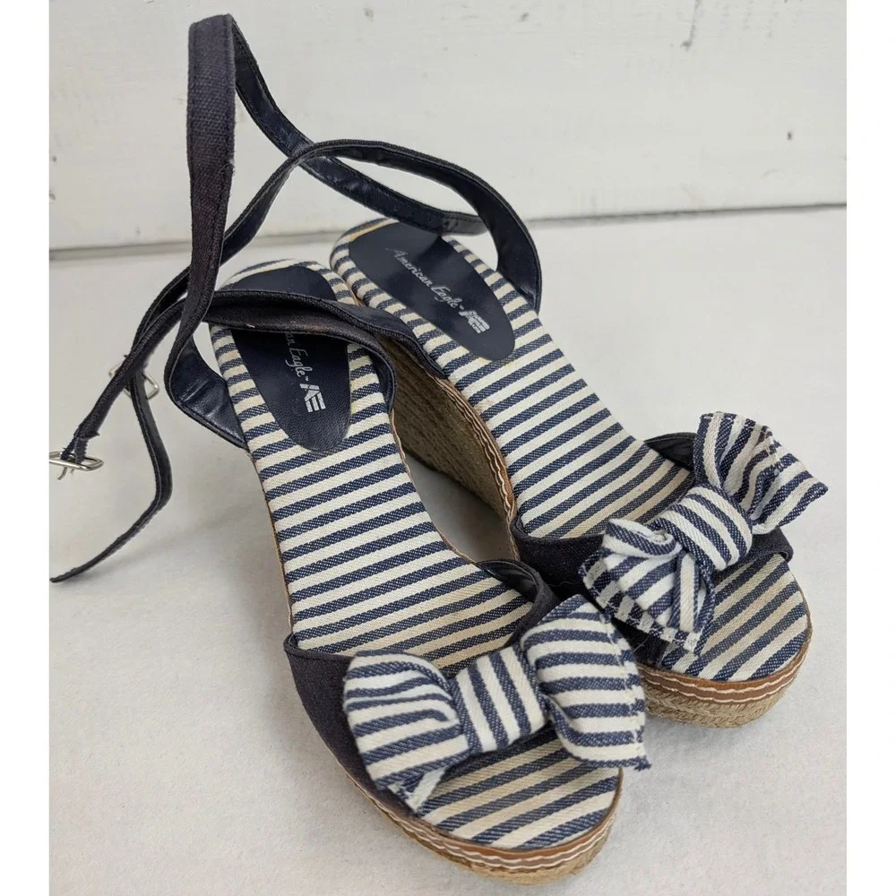 American Eagle Womens 7W Navy Stripe Bow Espadrille Platform Wedge Sandals